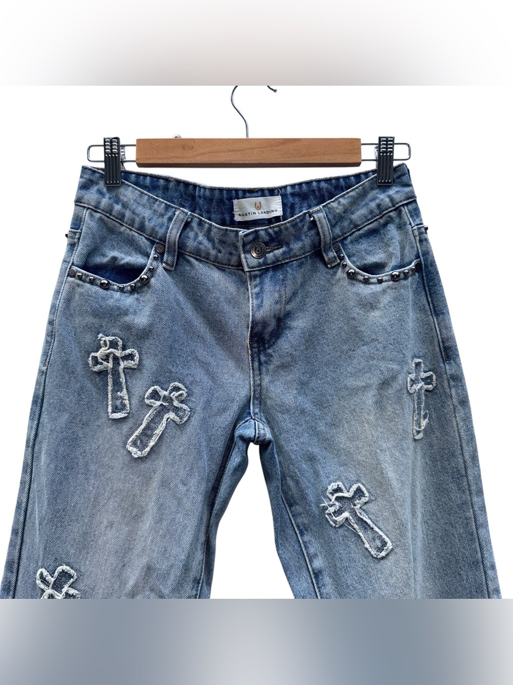 AUSTIN LANDING Studded Embroidered Cross Straight Leg Jeans Blue VIRAL Size 0 - Picture 7 of 16